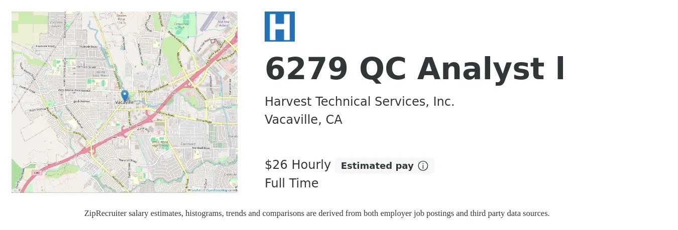 Harvest Technical Services, Inc. job posting for a 6279 QC Analyst l in Vacaville, CA with a salary of $28 Hourly with a map of Vacaville location.