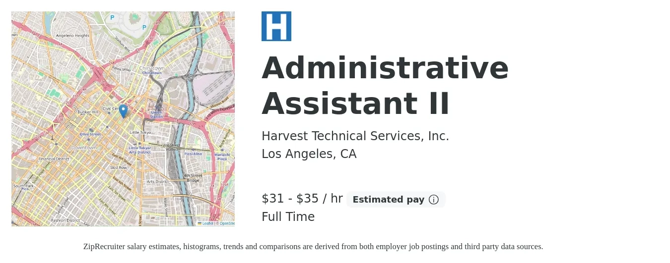 Harvest Technical Services, Inc. job posting for a Administrative Assistant II in Los Angeles, CA with a salary of $33 to $37 Hourly with a map of Los Angeles location.