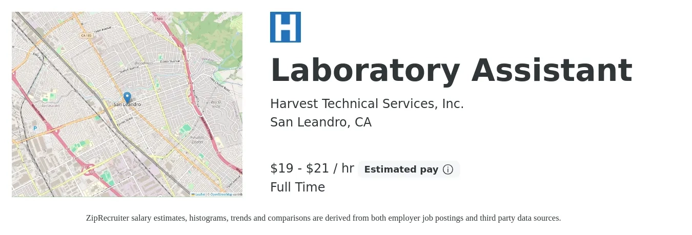 Harvest Technical Services, Inc. job posting for a Laboratory Assistant in San Leandro, CA with a salary of $20 to $22 Hourly with a map of San Leandro location.