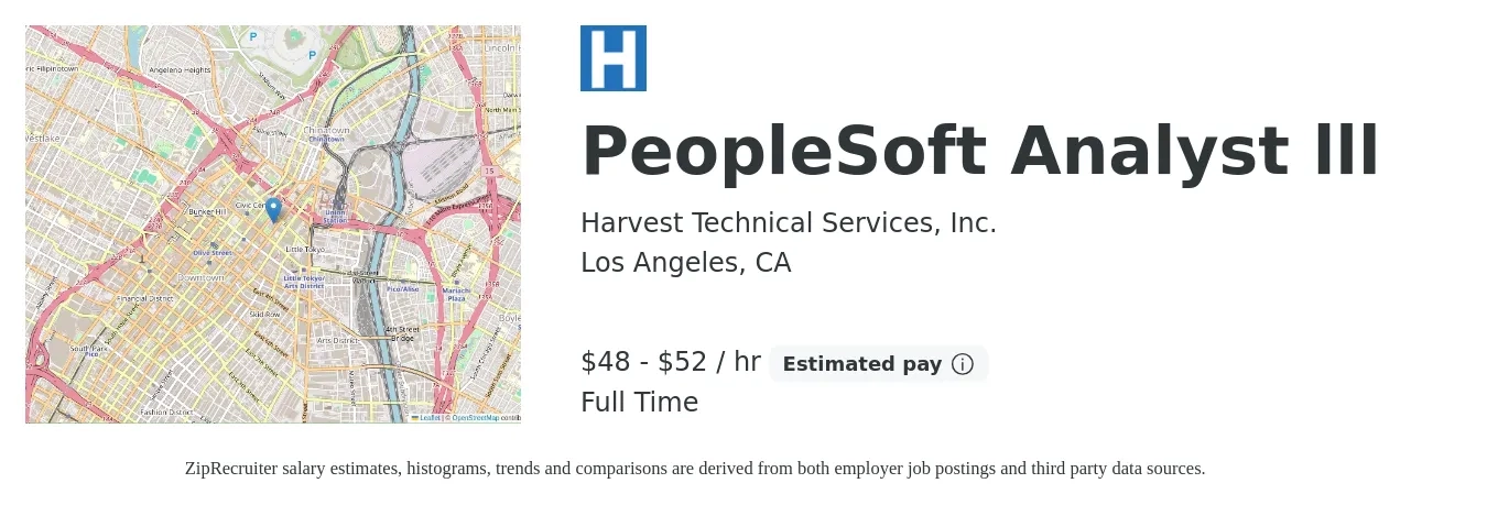 Harvest Technical Services, Inc. job posting for a PeopleSoft Analyst lll in Los Angeles, CA with a salary of $50 to $55 Hourly with a map of Los Angeles location.