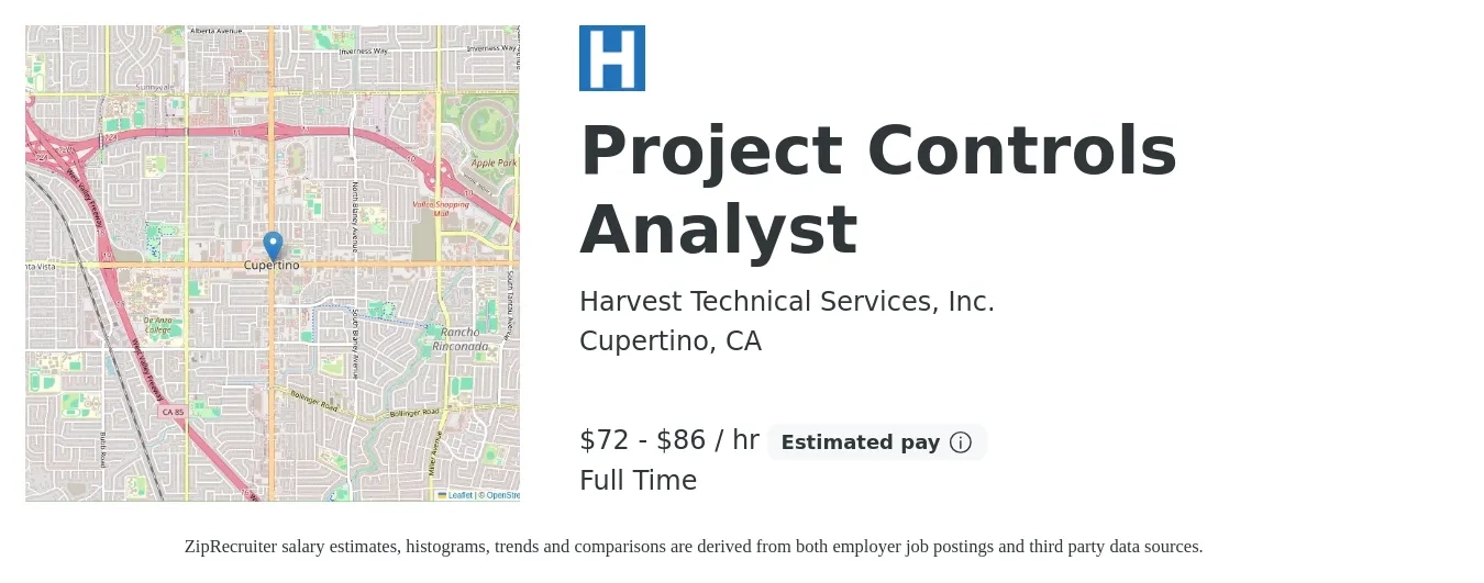 Harvest Technical Services, Inc. job posting for a Project Controls Analyst in Cupertino, CA with a salary of $75 to $90 Hourly with a map of Cupertino location.