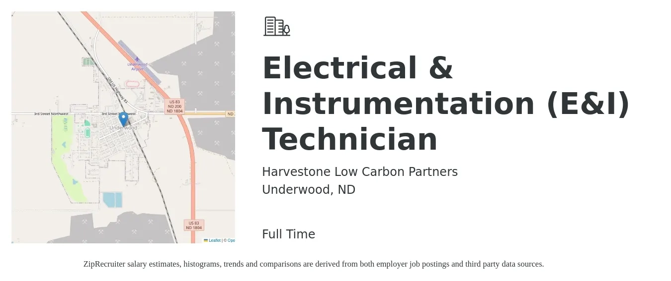 Harvestone Low Carbon Partners job posting for a Electrical & Instrumentation (E&I) Technician in Underwood, ND with a salary of $28 to $39 Hourly with a map of Underwood location.