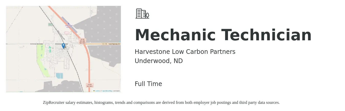 Harvestone Low Carbon Partners job posting for a Mechanic Technician in Underwood, ND with a salary of $20 to $27 Hourly with a map of Underwood location.