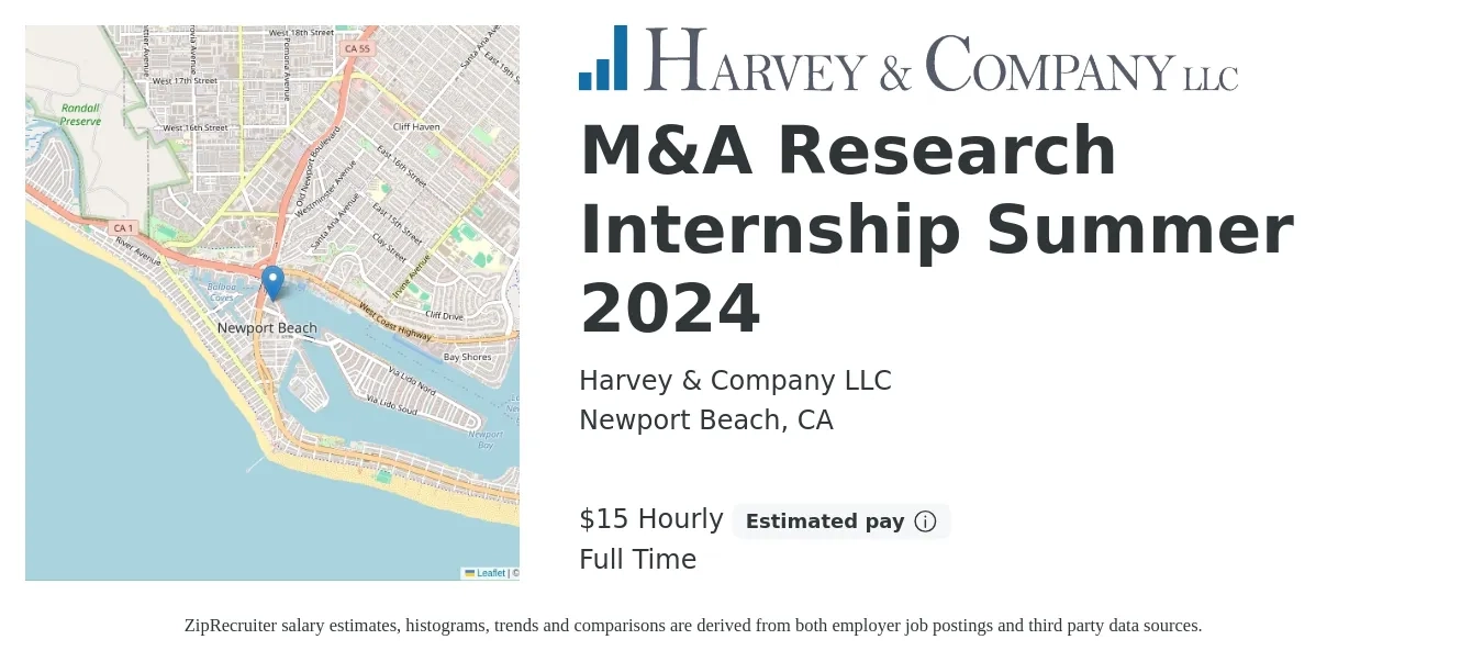 Harvey & Company LLC job posting for a M&A Research Internship Summer 2024 in Newport Beach, CA with a salary of $16 Hourly with a map of Newport Beach location.