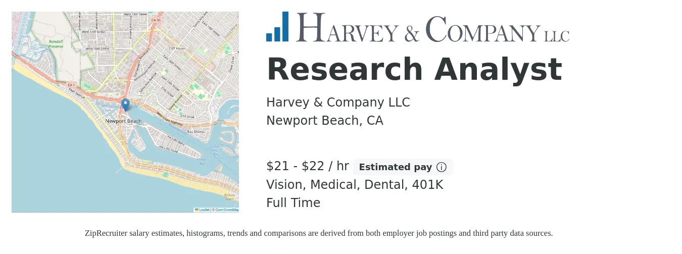 Harvey & Company LLC job posting for a Research Analyst in Newport Beach, CA with a salary of $22 to $23 Hourly and benefits including vision, 401k, dental, life_insurance, and medical with a map of Newport Beach location.