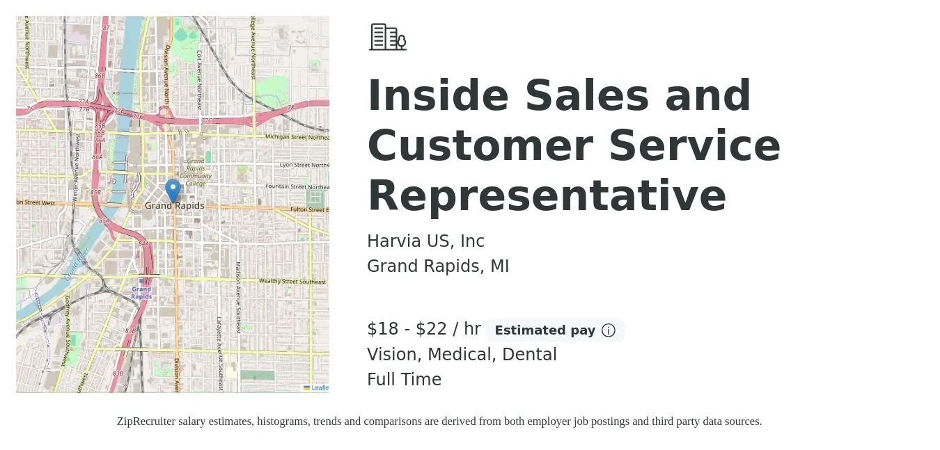 Harvia US, Inc job posting for a Inside Sales and Customer Service Representative in Grand Rapids, MI with a salary of $19 to $23 Hourly (plus commission) and benefits including vision, dental, life_insurance, medical, pto, and retirement with a map of Grand Rapids location.