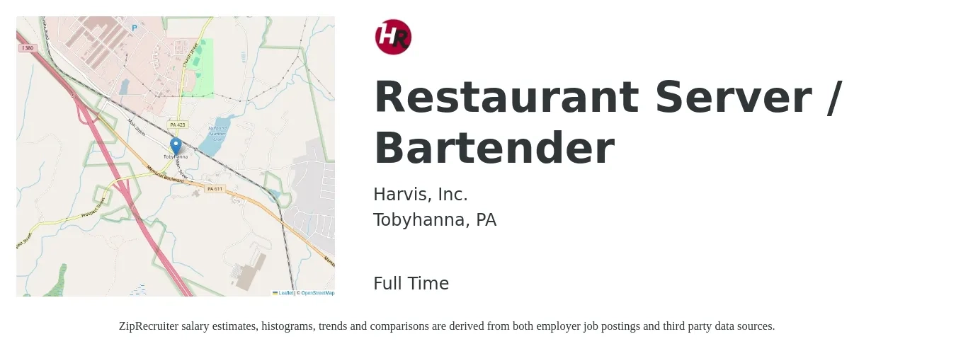 Harvis, Inc. job posting for a Restaurant Server / Bartender in Tobyhanna, PA with a salary of $10 to $18 Hourly with a map of Tobyhanna location.