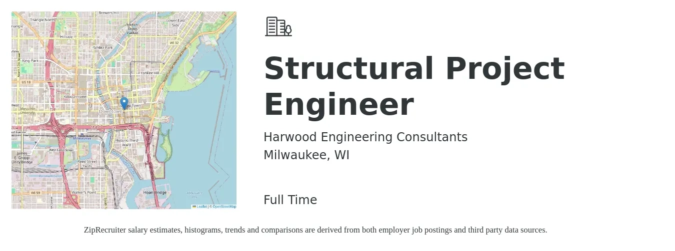 Harwood Engineering Consultants job posting for a Structural Project Engineer in Milwaukee, WI with a salary of $78,800 to $105,400 Yearly with a map of Milwaukee location.