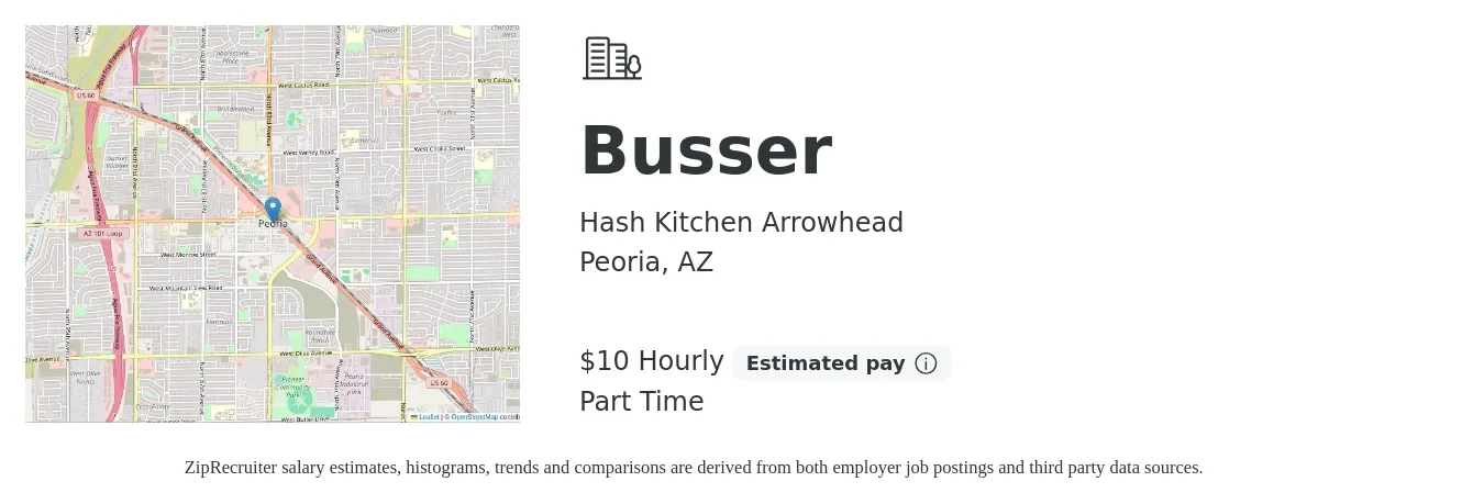 Hash Kitchen Arrowhead job posting for a Busser in Peoria, AZ with a salary of $11 Hourly with a map of Peoria location.