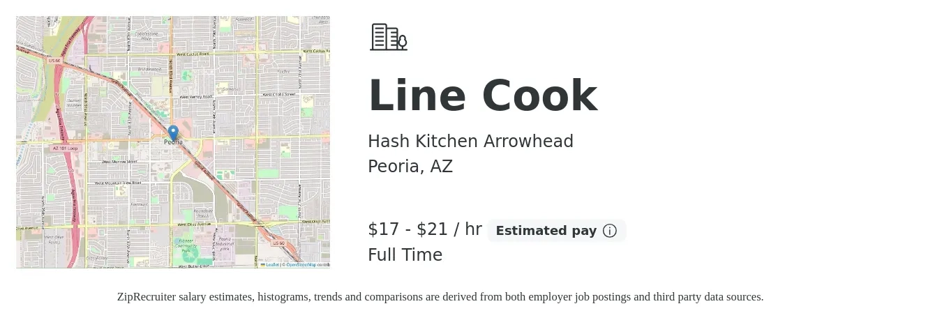 Hash Kitchen Arrowhead job posting for a Line Cook in Peoria, AZ with a salary of $18 to $22 Hourly with a map of Peoria location.
