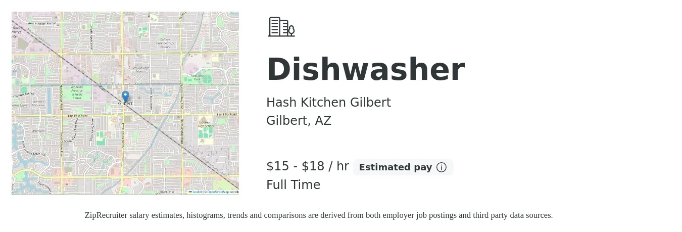Hash Kitchen Gilbert job posting for a Dishwasher in Gilbert, AZ with a salary of $16 to $19 Hourly with a map of Gilbert location.