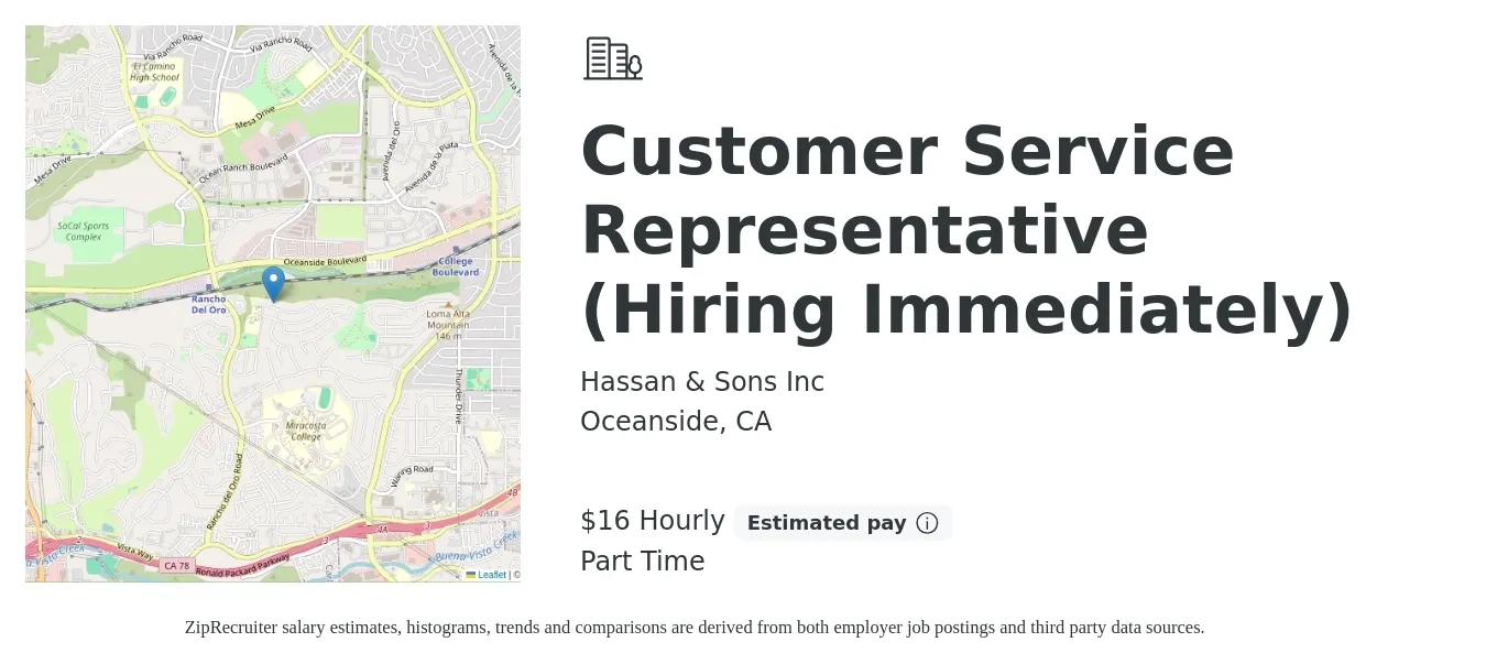Hassan & Sons Inc job posting for a Customer Service Representative (Hiring Immediately) in Oceanside, CA with a salary of $17 Hourly with a map of Oceanside location.