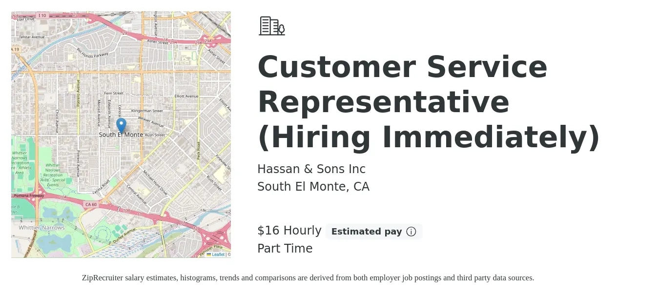 Hassan & Sons Inc job posting for a Customer Service Representative (Hiring Immediately) in South El Monte, CA with a salary of $17 Hourly with a map of South El Monte location.