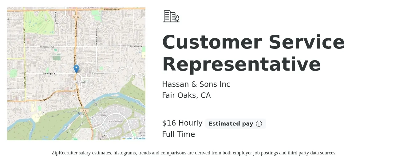 Hassan & Sons Inc job posting for a Customer Service Representative in Fair Oaks, CA with a salary of $17 Hourly with a map of Fair Oaks location.