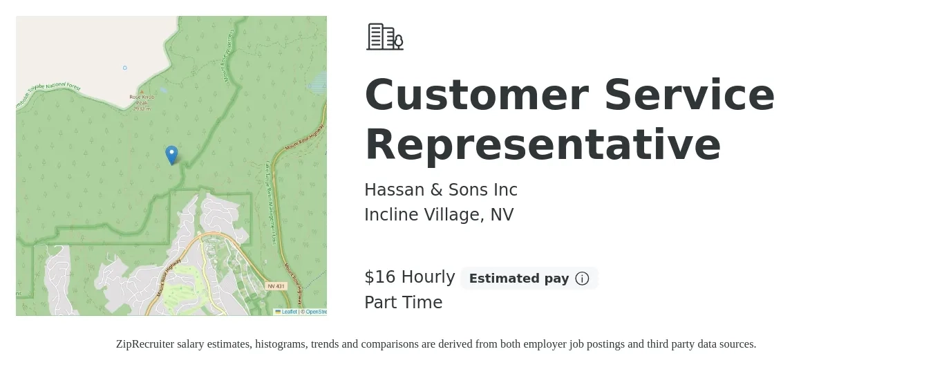 Hassan & Sons Inc job posting for a Customer Service Representative in Incline Village, NV with a salary of $17 Hourly with a map of Incline Village location.