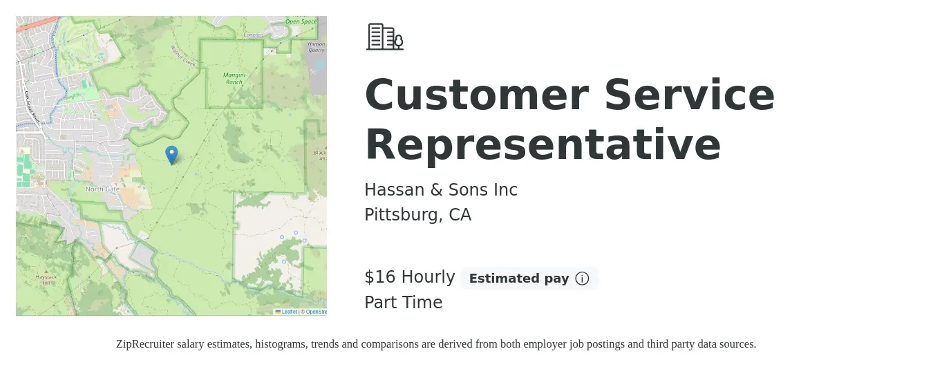 Hassan & Sons Inc job posting for a Customer Service Representative in Pittsburg, CA with a salary of $17 Hourly with a map of Pittsburg location.