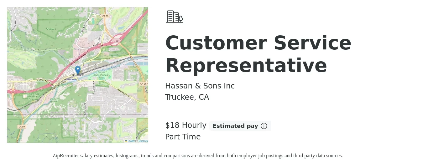 Hassan & Sons Inc job posting for a Customer Service Representative in Truckee, CA with a salary of $17 Hourly with a map of Truckee location.