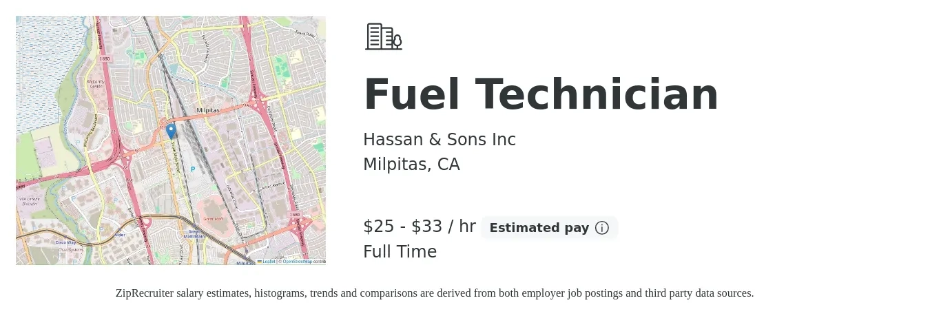 Hassan & Sons Inc job posting for a Fuel Technician in Milpitas, CA with a salary of $27 to $35 Hourly with a map of Milpitas location.