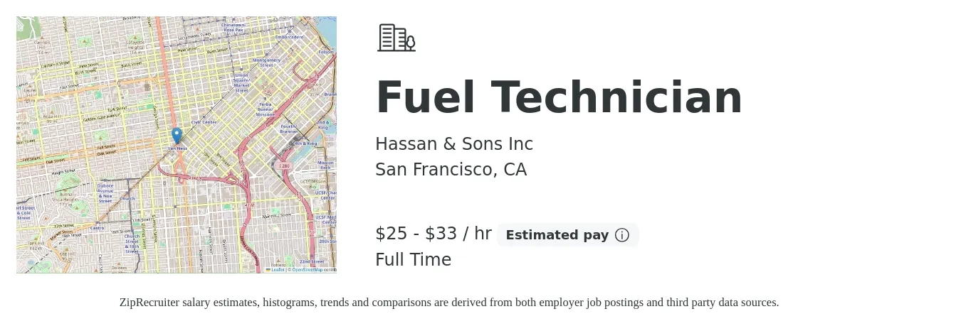 Hassan & Sons Inc job posting for a Fuel Technician in San Francisco, CA with a salary of $27 to $35 Hourly with a map of San Francisco location.