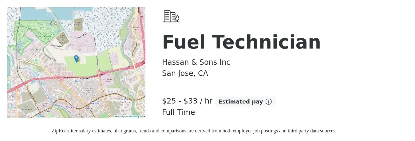 Hassan & Sons Inc job posting for a Fuel Technician in San Jose, CA with a salary of $27 to $35 Hourly with a map of San Jose location.