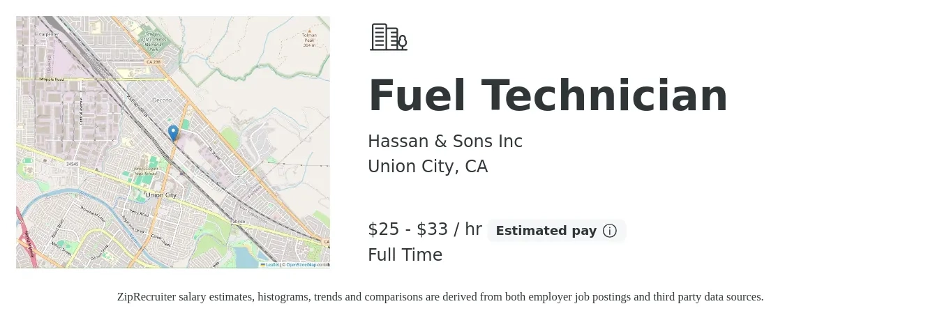 Hassan & Sons Inc job posting for a Fuel Technician in Union City, CA with a salary of $27 to $35 Hourly with a map of Union City location.