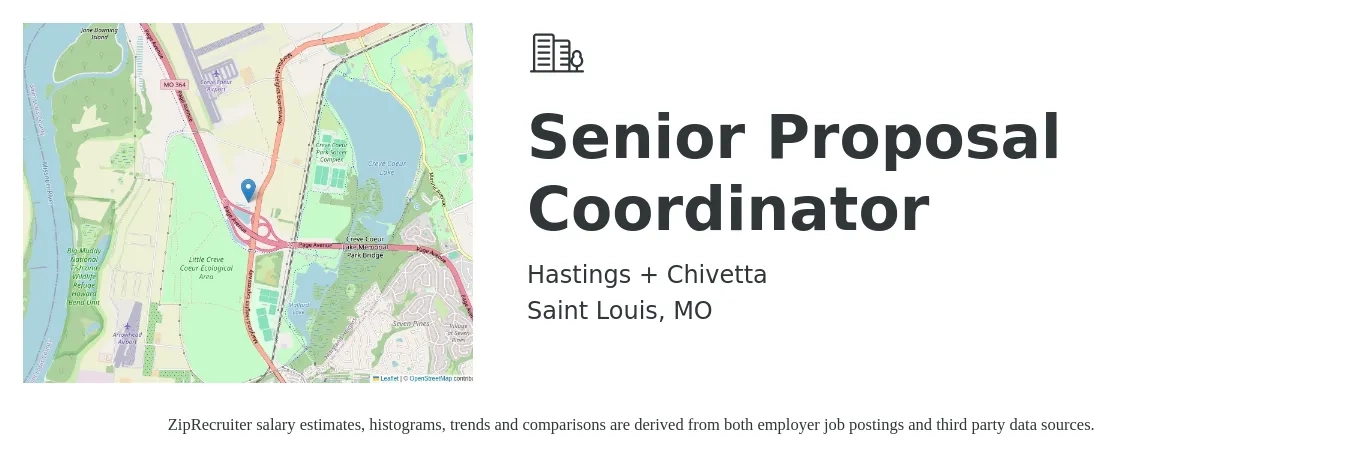 Hastings + Chivetta job posting for a Senior Proposal Coordinator in Saint Louis, MO with a salary of $52,100 to $69,200 Yearly with a map of Saint Louis location.