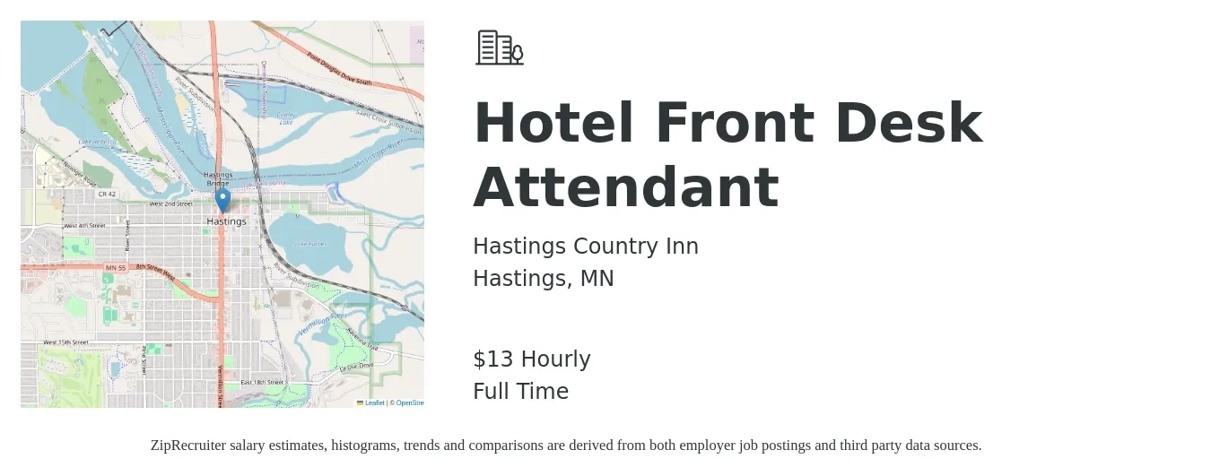 Hastings Country Inn job posting for a Hotel Front Desk Attendant in Hastings, MN with a salary of $14 Hourly with a map of Hastings location.