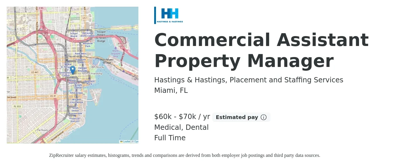 Hastings & Hastings, Placement and Staffing Services job posting for a Commercial Assistant Property Manager in Miami, FL with a salary of $60,000 to $70,000 Yearly and benefits including dental, medical, pto, and retirement with a map of Miami location.
