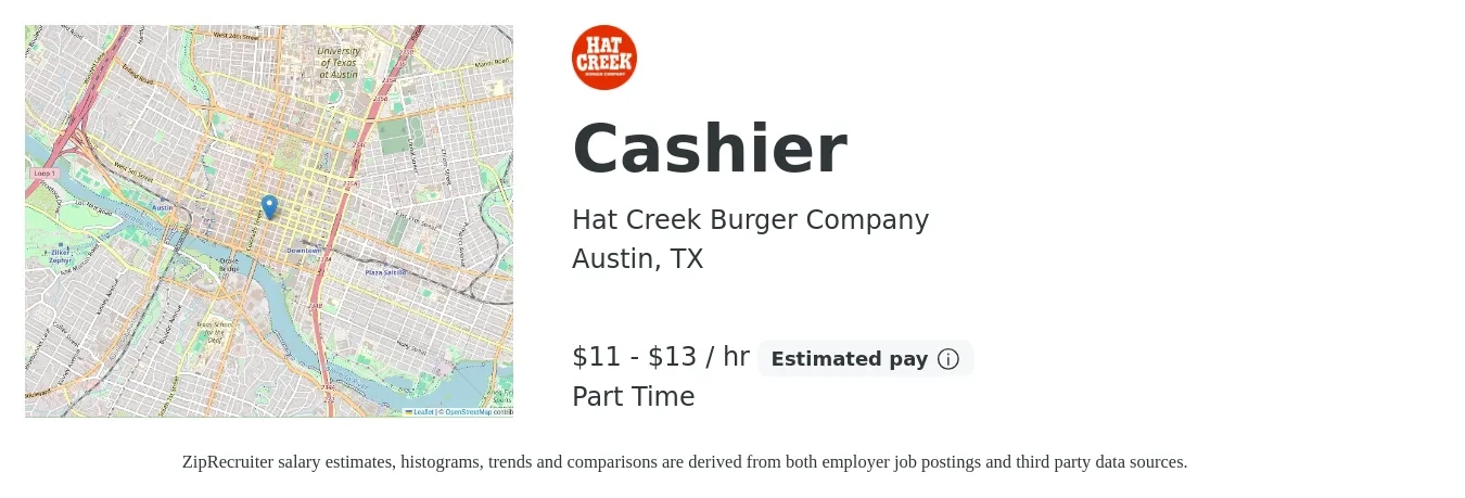 Hat Creek Burger Company job posting for a Cashier in Austin, TX with a salary of $12 to $14 Hourly with a map of Austin location.