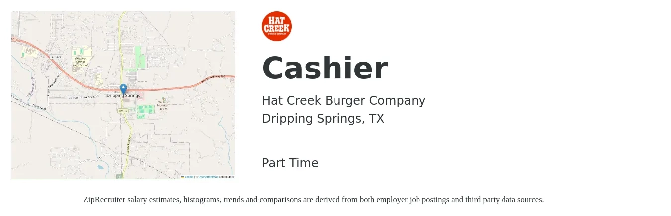 Hat Creek Burger Company job posting for a Cashier in Dripping Springs, TX with a salary of $12 to $17 Hourly with a map of Dripping Springs location.