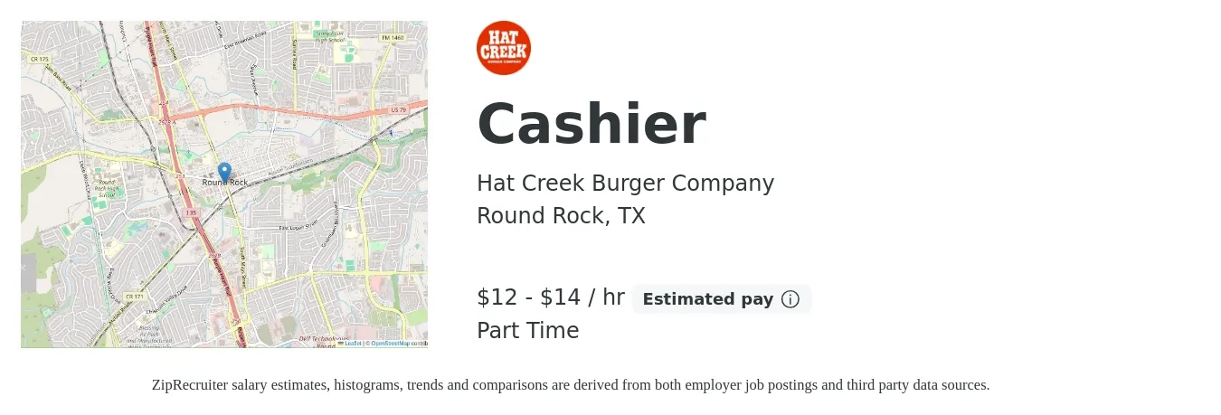 Hat Creek Burger Company job posting for a Cashier in Round Rock, TX with a salary of $13 to $16 Hourly with a map of Round Rock location.