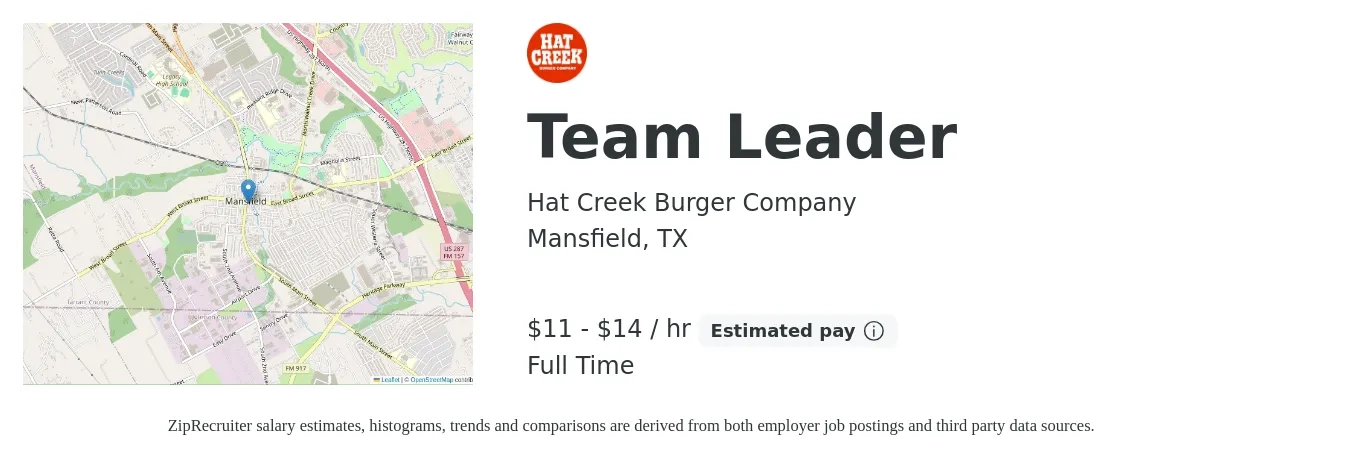 Hat Creek Burger Company job posting for a Team Leader in Mansfield, TX with a salary of $12 to $15 Hourly with a map of Mansfield location.