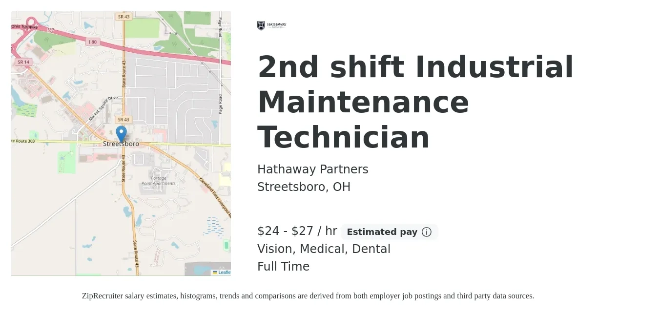 Hathaway Partners job posting for a 2nd shift Industrial Maintenance Technician in Streetsboro, OH with a salary of $25 to $29 Hourly and benefits including dental, life_insurance, medical, retirement, and vision with a map of Streetsboro location.