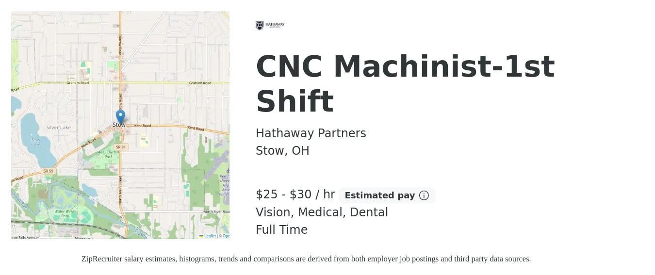 Hathaway Partners job posting for a CNC Machinist-1st Shift in Stow, OH with a salary of $26 to $32 Hourly and benefits including dental, life_insurance, medical, retirement, and vision with a map of Stow location.