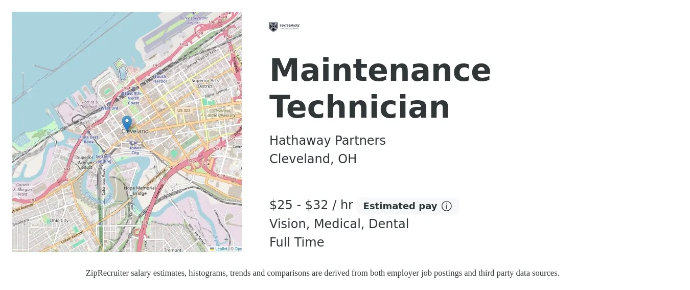 Hathaway Partners job posting for a Maintenance Technician in Cleveland, OH with a salary of $26 to $34 Hourly and benefits including dental, life_insurance, medical, retirement, and vision with a map of Cleveland location.