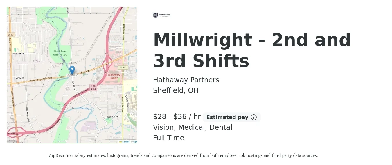 Hathaway Partners job posting for a Millwright - 2nd and 3rd Shifts in Sheffield, OH with a salary of $30 to $38 Hourly and benefits including retirement, vision, dental, life_insurance, medical, and pto with a map of Sheffield location.