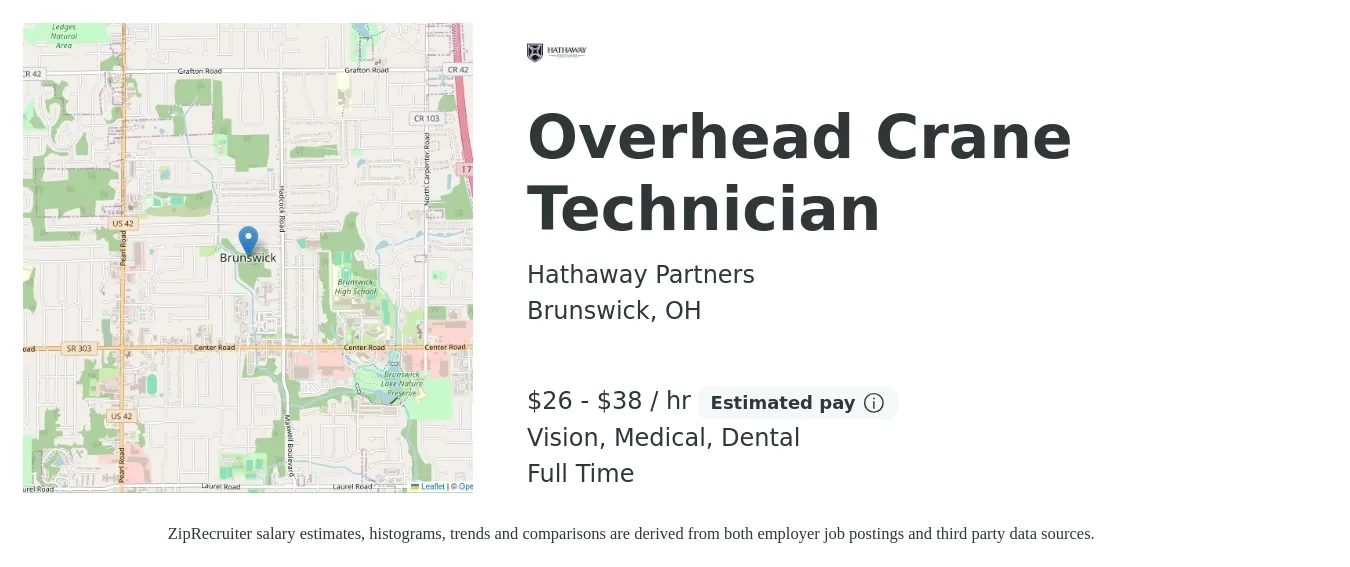 Hathaway Partners job posting for a Overhead Crane Technician in Brunswick, OH with a salary of $28 to $40 Hourly and benefits including retirement, vision, dental, life_insurance, and medical with a map of Brunswick location.