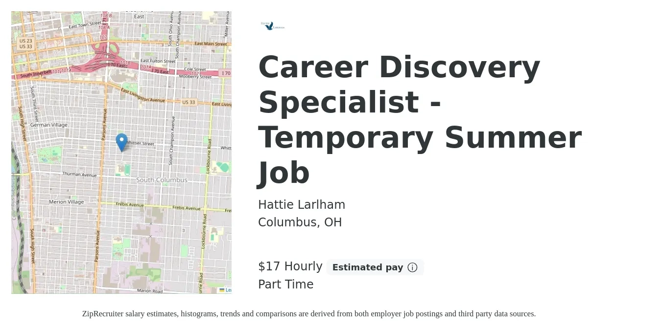 Hattie Larlham job posting for a Career Discovery Specialist - Temporary Summer Job in Columbus, OH with a salary of $18 Hourly with a map of Columbus location.