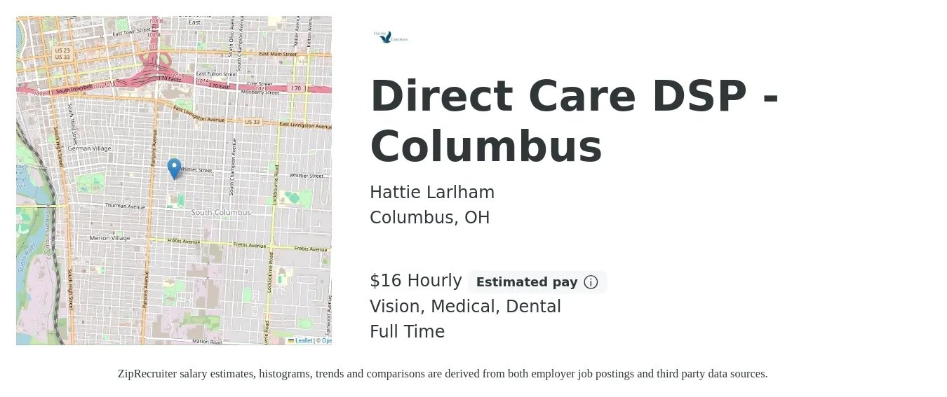 Hattie Larlham job posting for a Direct Care DSP - Columbus in Columbus, OH with a salary of $17 Hourly and benefits including medical, retirement, vision, dental, and life_insurance with a map of Columbus location.