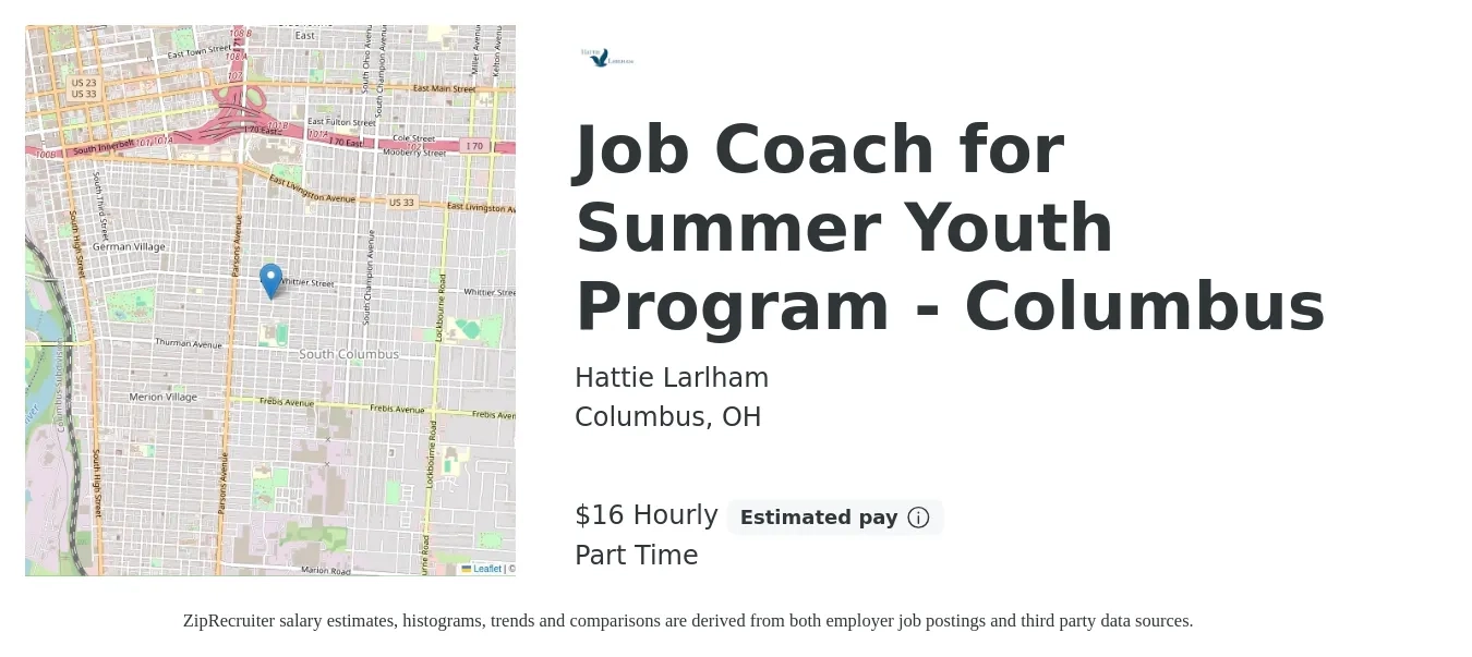 Hattie Larlham job posting for a Job Coach for Summer Youth Program - Columbus in Columbus, OH with a salary of $17 Hourly with a map of Columbus location.