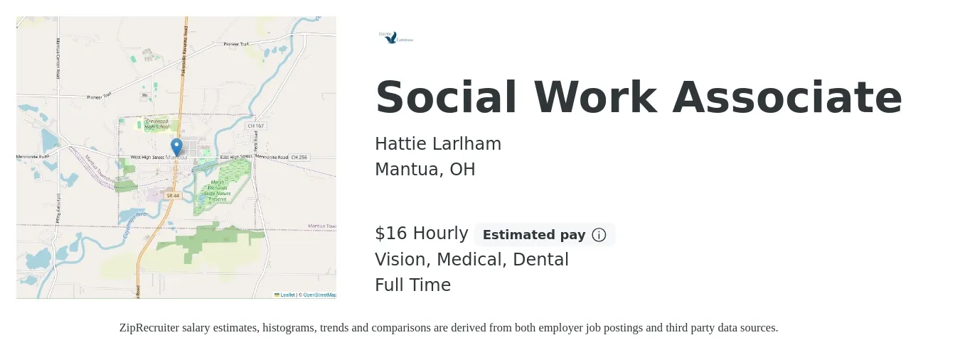 Hattie Larlham job posting for a Social Work Associate in Mantua, OH with a salary of $15 Hourly and benefits including dental, life_insurance, medical, retirement, and vision with a map of Mantua location.