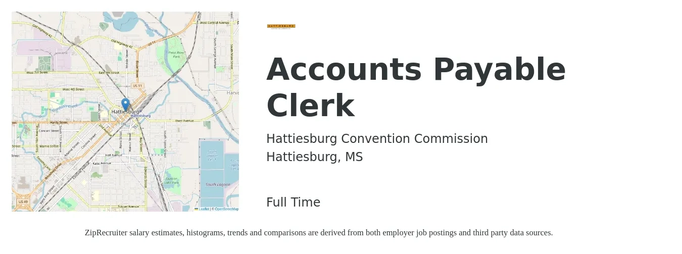 Hattiesburg Convention Commission job posting for a Accounts Payable Clerk in Hattiesburg, MS with a salary of $16 to $20 Hourly with a map of Hattiesburg location.