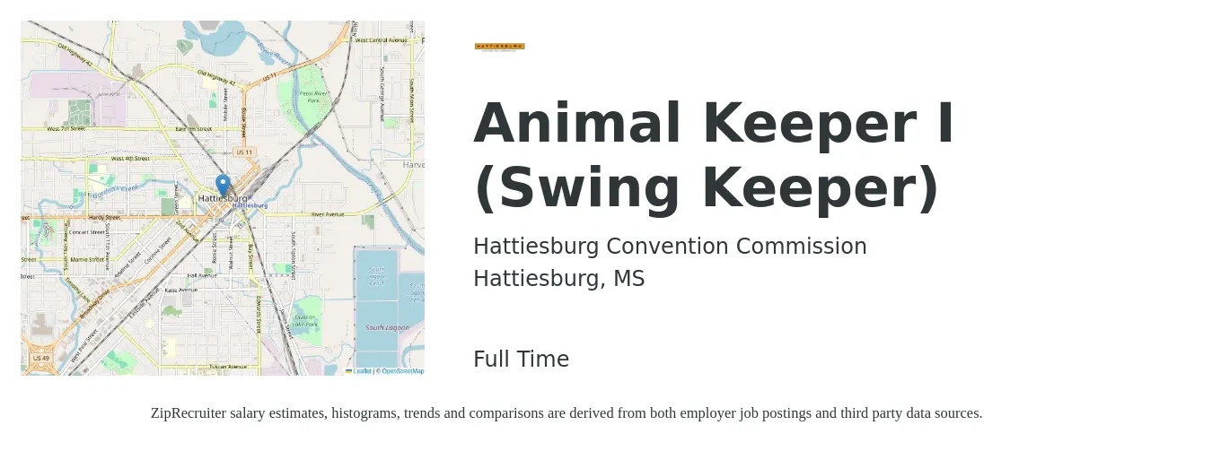 Hattiesburg Convention Commission job posting for a Animal Keeper I (Swing Keeper) in Hattiesburg, MS with a salary of $14 to $20 Hourly with a map of Hattiesburg location.