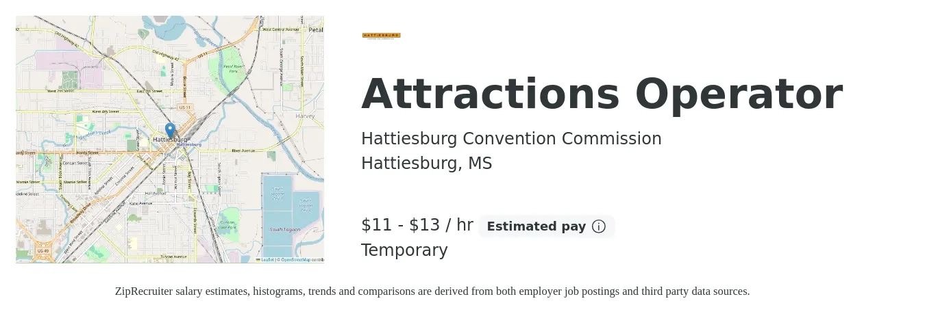 Hattiesburg Convention Commission job posting for a Attractions Operator in Hattiesburg, MS with a salary of $12 to $14 Hourly with a map of Hattiesburg location.