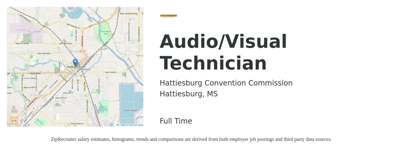 Hattiesburg Convention Commission job posting for a Audio/Visual Technician in Hattiesburg, MS with a salary of $23 to $37 Hourly with a map of Hattiesburg location.