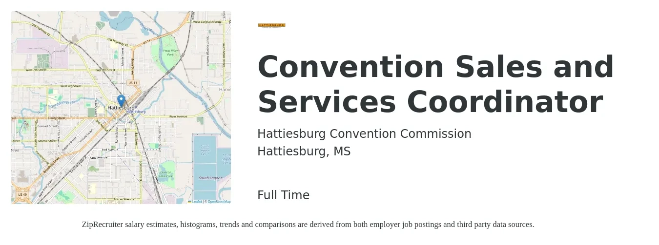 Hattiesburg Convention Commission job posting for a Convention Sales and Services Coordinator in Hattiesburg, MS with a salary of $17 to $23 Hourly with a map of Hattiesburg location.