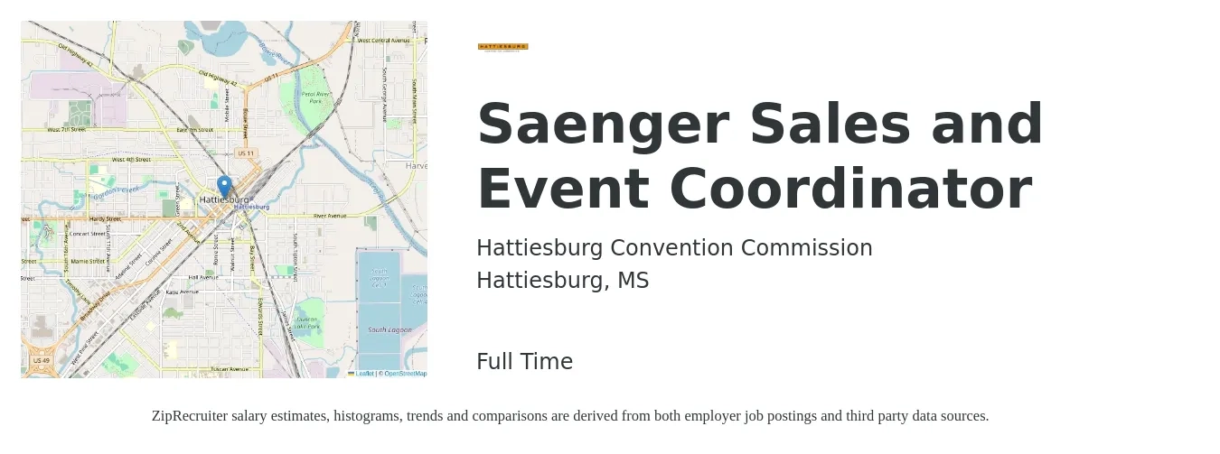 Hattiesburg Convention Commission job posting for a Saenger Sales and Event Coordinator in Hattiesburg, MS with a salary of $17 to $23 Hourly with a map of Hattiesburg location.