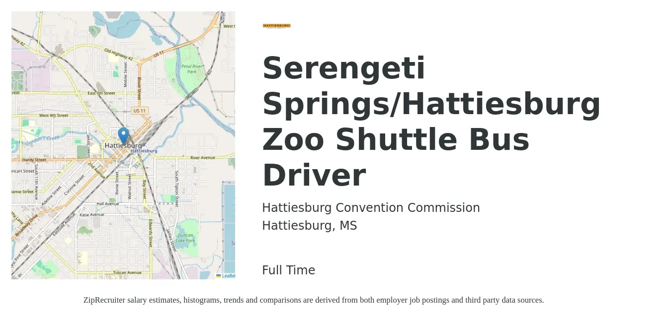 Hattiesburg Convention Commission job posting for a Serengeti Springs/Hattiesburg Zoo Shuttle Bus Driver in Hattiesburg, MS with a salary of $20 Hourly with a map of Hattiesburg location.