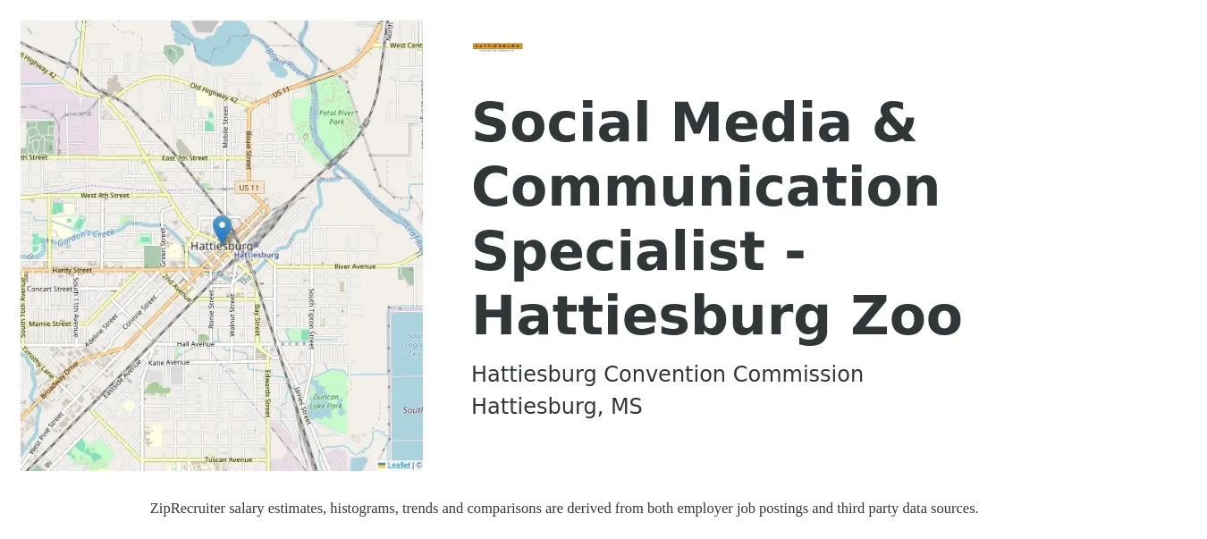 Hattiesburg Convention Commission job posting for a Social Media & Communication Specialist - Hattiesburg Zoo in Hattiesburg, MS with a salary of $35,200 to $52,000 Yearly with a map of Hattiesburg location.