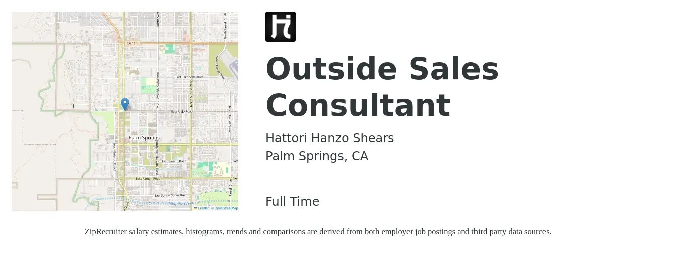 Hattori Hanzo Shears job posting for a Outside Sales Consultant in Palm Springs, CA with a salary of $46,500 to $93,000 Yearly with a map of Palm Springs location.